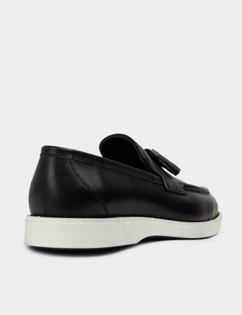 Hakiki Deri Siyah Püsküllü Erkek Loafer - 01958MSYHC01