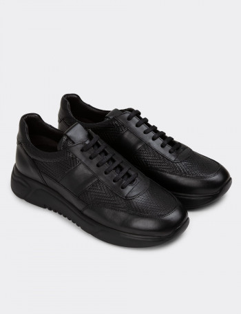Hakiki Deri Siyah Erkek Sneaker Ayakkabı - 01963MSYHE04