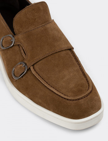 Hakiki Süet Taba Rengi Çift Tokalı Erkek Loafer Ayakkabı - 01966MTBAC01