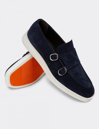 Hakiki Süet Lacivert Çift Tokalı Erkek Loafer Ayakkabı - 01966MLCVC01
