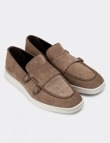 Hakiki Süet Vizon Rengi Çift Tokalı Erkek Loafer - 01966MVZNC01
