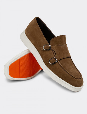 Hakiki Süet Taba Rengi Çift Tokalı Erkek Loafer Ayakkabı - 01966MTBAC01