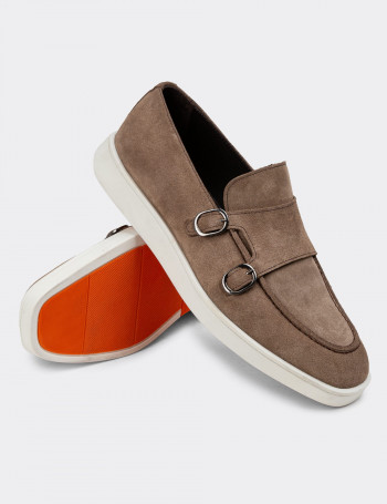 Hakiki Süet Vizon Rengi Çift Tokalı Erkek Loafer - 01966MVZNC01