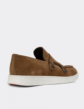 Hakiki Süet Taba Rengi Çift Tokalı Erkek Loafer Ayakkabı - 01966MTBAC01