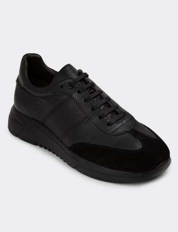 Hakiki Deri Siyah Erkek Sneaker Ayakkabı - 01961MSYHP02
