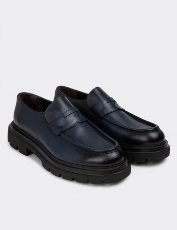 Hakiki Deri Lacivert Erkek Loafer Ayakkabı - 01980MLCVE01