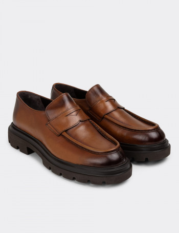 Hakiki Deri Taba Rengi Erkek Loafer Ayakkabı - 01980MTBAE01