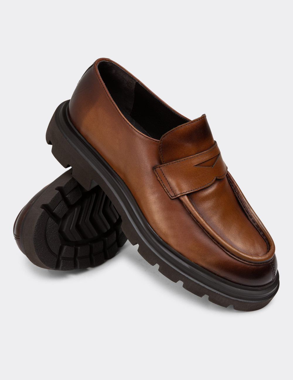 Hakiki Deri Taba Rengi Erkek Loafer Ayakkabı - 01980MTBAE01