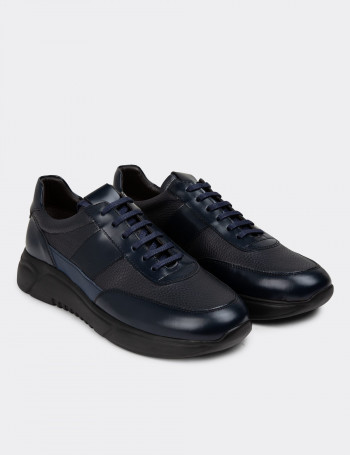 Hakiki Deri Lacivert Erkek Sneaker Ayakkabı - 01963MLCVE03