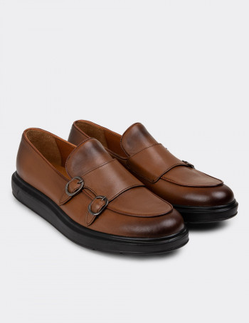 Hakiki Deri Kahverengi Çift Tokalı Erkek Loafer - 01843MKHVP01
