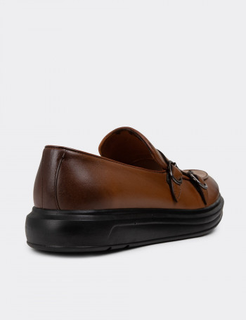 Hakiki Deri Kahverengi Çift Tokalı Erkek Loafer - 01843MKHVP01