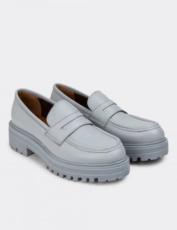 Hakiki Deri Gri Kadın Loafer Ayakkabı - 01903ZGRIP02
