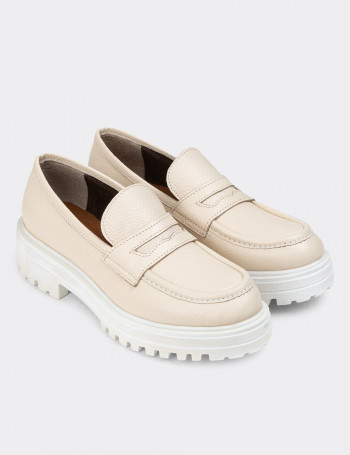 Hakiki Deri Bej Kadın Loafer Ayakkabı - 01903ZBEJE01