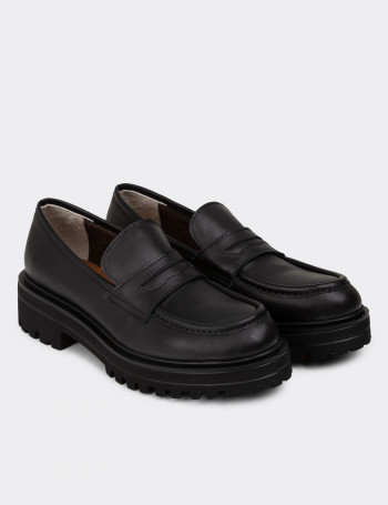 Hakiki Deri Siyah Kadın Loafer Ayakkabı - 01903ZSYHE01