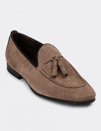 Hakiki Nubuk Vizon Rengi Erkek Püsküllü Loafer Ayakkabı