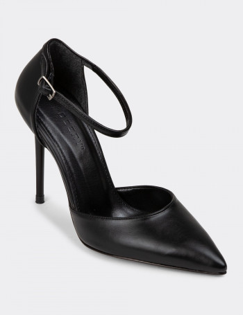 Hakiki Deri Siyah Kadın Topuklu Ayakkabı