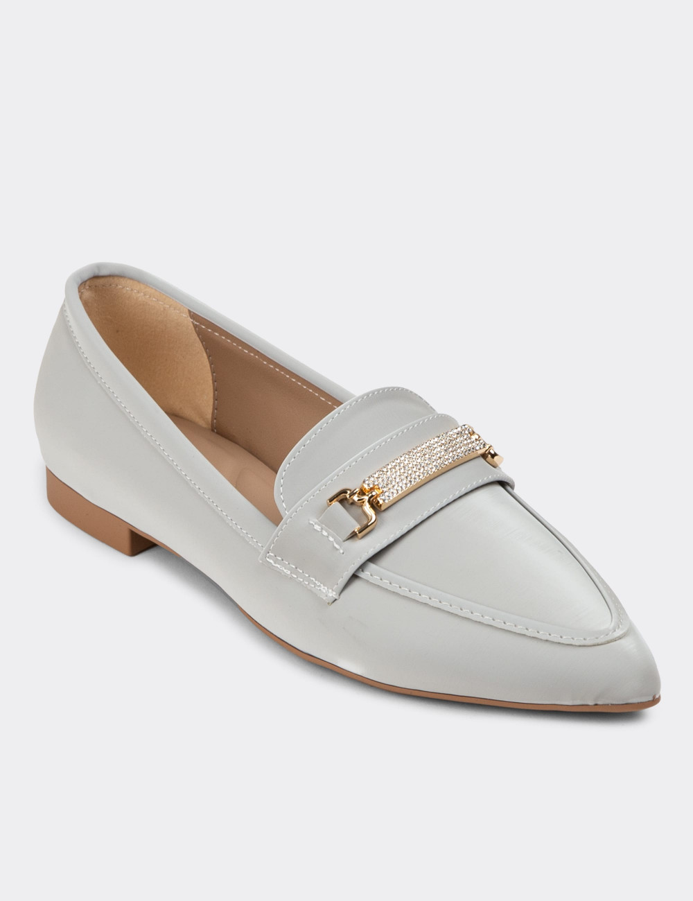 Gümüş Rengi Kadın Tokalı Makosen Ayakkabı - K0552ZGMSC01
