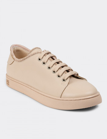 Bej Rengi Kadın Taşlı Sneaker Ayakkabı