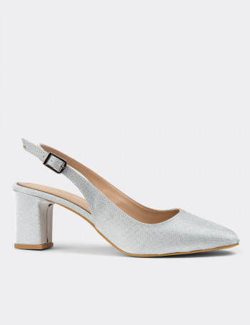 Gümüş Rengi Simli Kadın Topuklu Ayakkabı