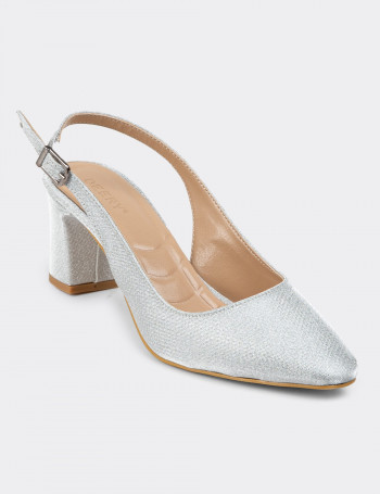 Gümüş Rengi Simli Kadın Topuklu Ayakkabı