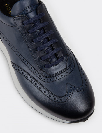 Hakiki Deri Lacivert Erkek Sneaker Ayakkabı - 00750MLCVE02