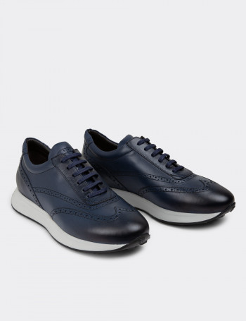 Hakiki Deri Lacivert Erkek Sneaker Ayakkabı - 00750MLCVE02