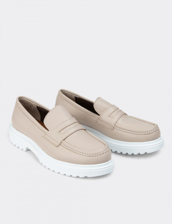 Hakiki Deri Bej Kadın Loafer - 01903ZBEJP03