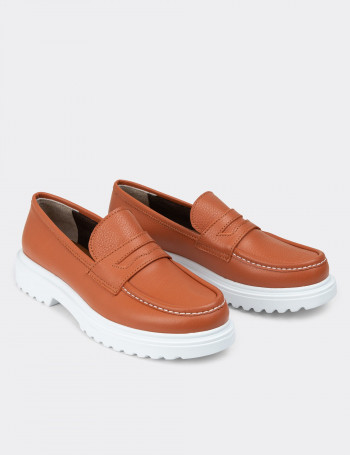 Hakiki Deri Turuncu Kadın Loafer - 01903ZTRCP02