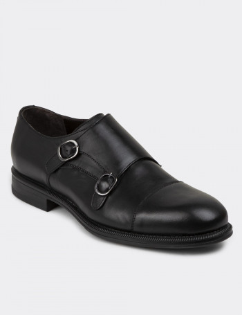 Hakiki Deri Çift Tokalı Siyah Erkek Klasik Ayakkabı - 01838MSYHC01
