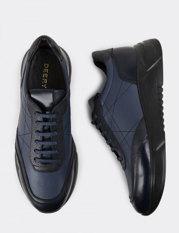 Hakiki Deri Lacivert Erkek Sneaker Ayakkabı - 01962MLCVE01