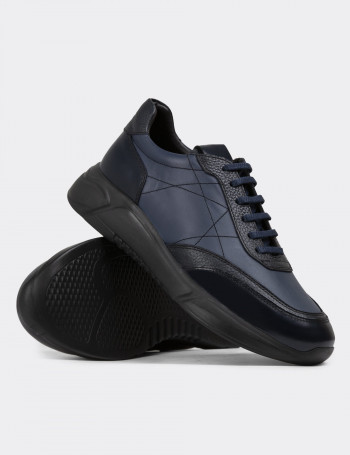 Hakiki Deri Lacivert Erkek Sneaker Ayakkabı - 01962MLCVE01