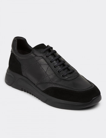 Hakiki Deri Siyah Erkek Sneaker Ayakkabı - 01963MSYHE12