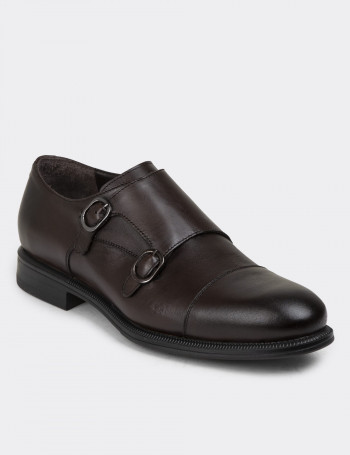 Hakiki Deri Kahverengi Çift Tokalı Erkek Klasik Ayakkabı