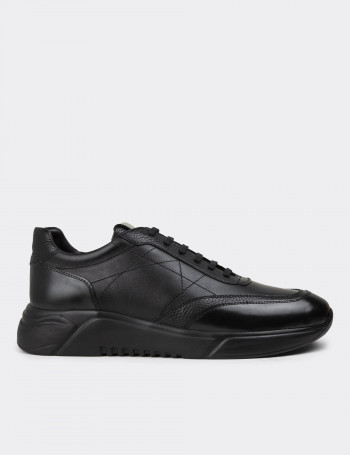 Hakiki Deri Siyah Erkek Sneaker Ayakkabı - 01963MSYHE14