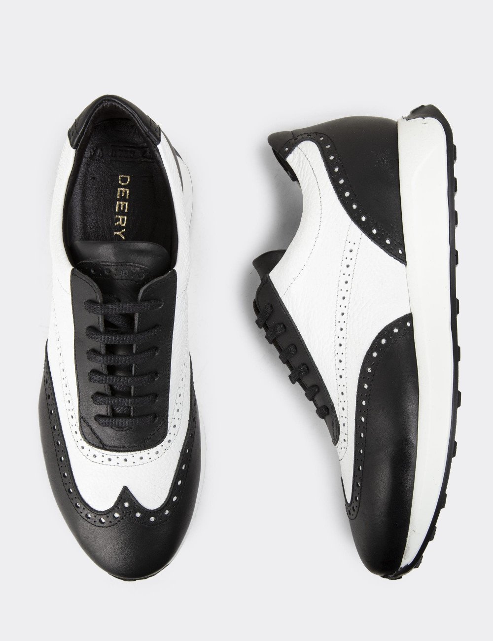 Hakiki Deri Siyah Beyaz Erkek Sneaker Ayakkabı - 00750MBYZE01