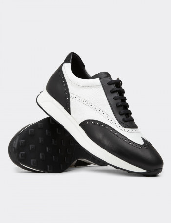 Hakiki Deri Siyah Beyaz Erkek Sneaker Ayakkabı - 00750MBYZE01