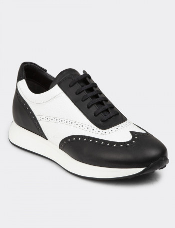Hakiki Deri Siyah Beyaz Erkek Sneaker Ayakkabı