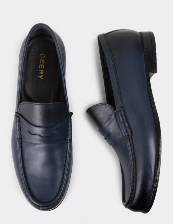 Hakiki Deri Lacivert Erkek Loafer Ayakkabı - 01510MLCVC04