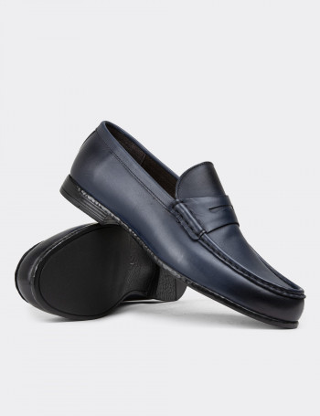 Hakiki Deri Lacivert Erkek Loafer Ayakkabı - 01510MLCVC04