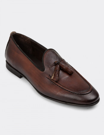 Hakiki Deri Taba Rengi Vintage Püsküllü Erkek Loafer