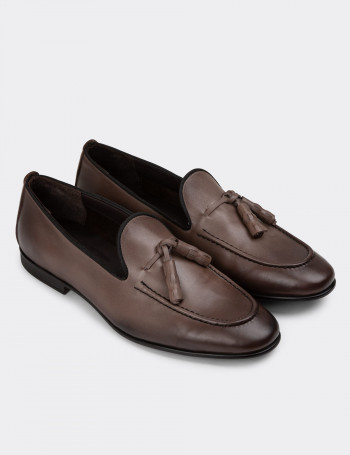 Hakiki Deri Vizon Rengi Erkek Püsküllü Loafer - 01701MVZNC03