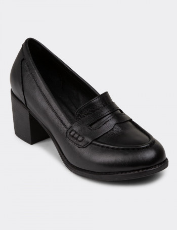 Hakiki Deri Siyah Kadın Topuklu Günlük Ayakkabı - A7075ZSYHC01