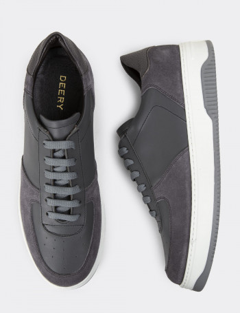 Hakiki Deri Gri Erkek Sneaker Ayakkabı - 01965MGRIE02