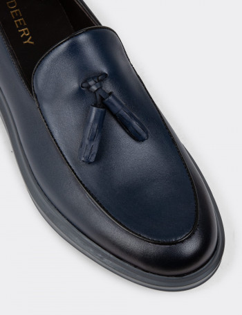 Hakiki Deri Mavi Comfort Püsküllü Erkek Loafer - 01840MMVIP04