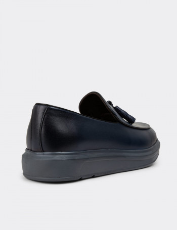 Hakiki Deri Mavi Comfort Püsküllü Erkek Loafer - 01840MMVIP04