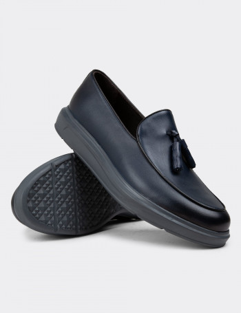 Hakiki Deri Mavi Comfort Püsküllü Erkek Loafer - 01840MMVIP04