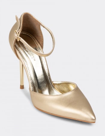 Hakiki Deri Altın Rengi Kadın Topuklu Ayakkabı