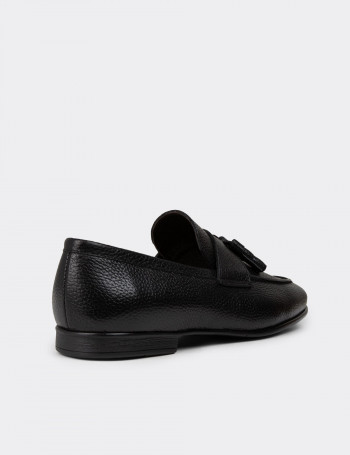 Hakiki Deri Siyah Püsküllü Erkek Loafer Ayakkabı - 01989MSYHC01