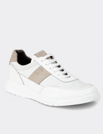 Hakiki Deri Beyaz Erkek Sneaker Ayakkabı - 01963MBYZC01