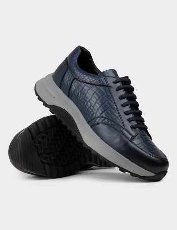 Hakiki Deri Lacivert Erkek Sneaker Ayakkabı - 01984MLCVE01